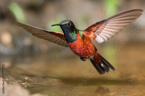 hummingbird fluttering in midair, its wings beating furiously, created with generative ai