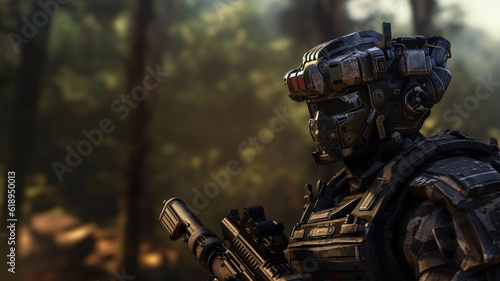 soldier wears combat suit, ...