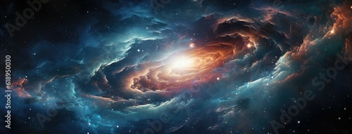A view from space to a spiral galaxy and stars. Universe filled with stars, nebula and galaxy,. Elements of this image furnished by NASA © medienvirus
