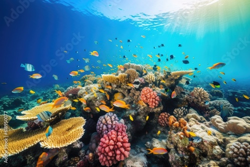 school of tropical fish swimming in formation among colorful coral reef, created with generative ai