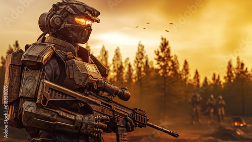 soldier wears combat suit, ...