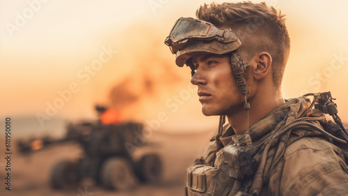 dramatic futuristic soldier in desert camouflage, destroyed machine drone tank in the background, apocalyptic fictional dramatic