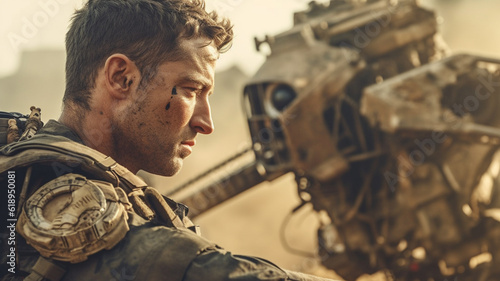soldier wears combat suit, ...