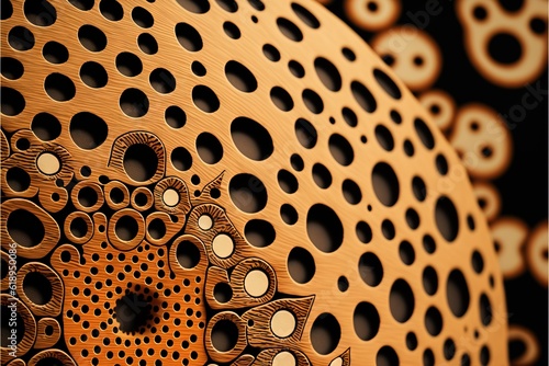 a close up of a decorative object with holes in the middle of it and a circular design on the side of the object with holes in the center of the picture, and a black background. © Nadia
