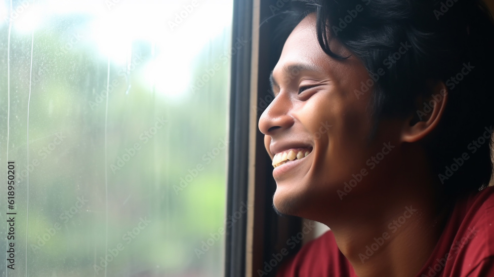 happy young adult smiling man at the window, good mood, zest for action and thirst for adventure, everyday life, fictitious place