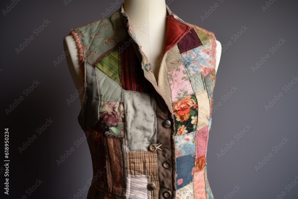 upcycled vest with patchwork of different fabrics and textures, created with generative ai