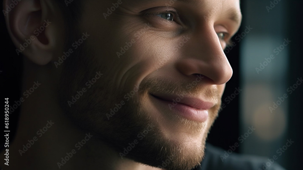 Obraz premium Adult smiling man at the window, good mood, zest for action and thirst for adventure, everyday life, fictitious place