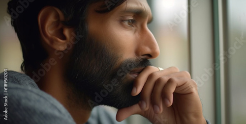 young adult man or teenager, pensive or sad, memories or fears, fictional place and reason, at home by the window