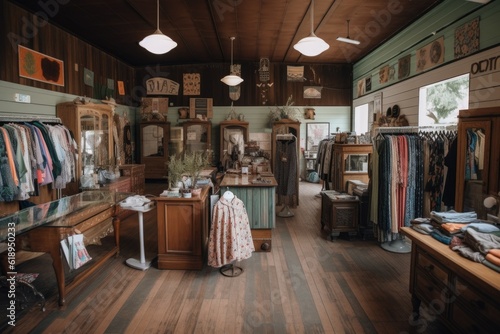 store with upcycled and repurposed garments for sale, including dresses, shirts, and pants, created with generative ai