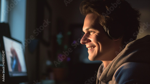 teenage boy or young adult male, 20s, wearing headphones at computer with multiple screens, fun and joy