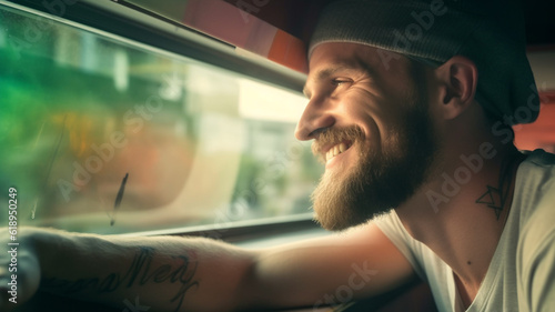 adult smiling man in a van at the window, good mood, thirst for action and thirst for adventure, road trip or alternative life, hippie or city life, on the go or traveling © wetzkaz