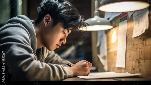 teenage boy or young adult man, at a desk with sheet and pen, paper, inventor or architect or homework or letter writing, concept and research and development, fictional