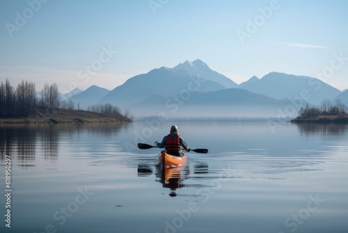 water sports enthusiast paddling across calm lake, with mountain range in the background, created with generative ai