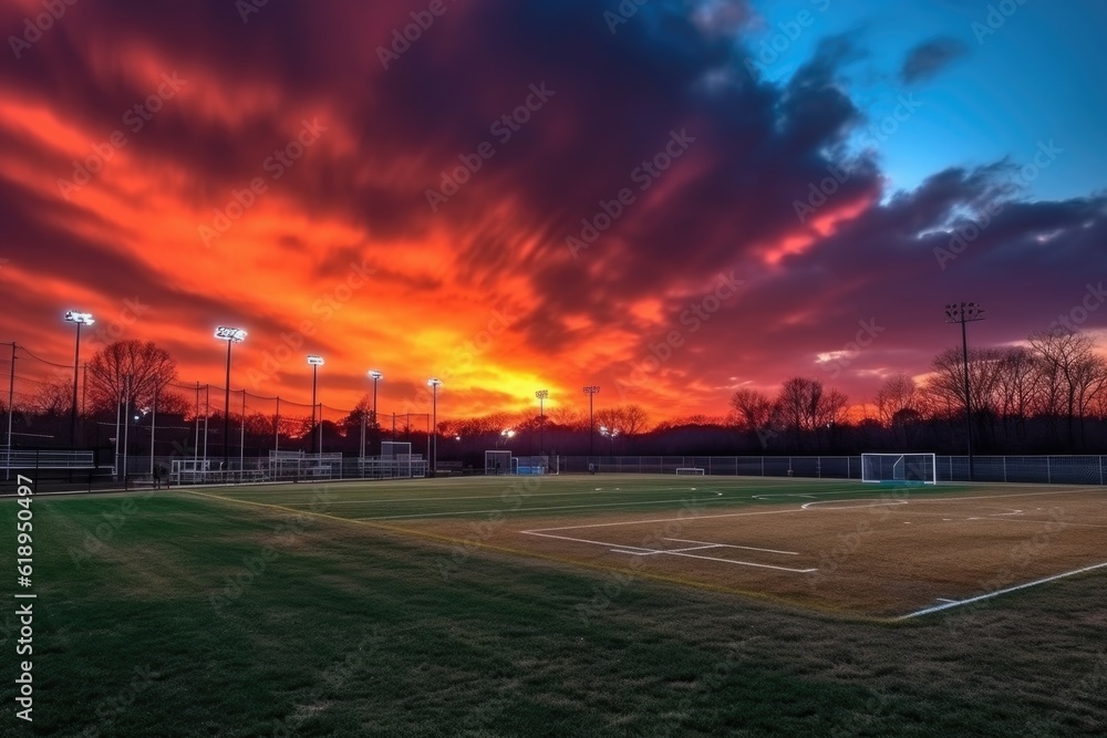 athletic field with a view of the sunset, with dramatic and colorful sky, created with generative ai