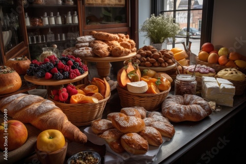 delightful display of handcrafted pastries, cheeses, and fruits, created with generative ai