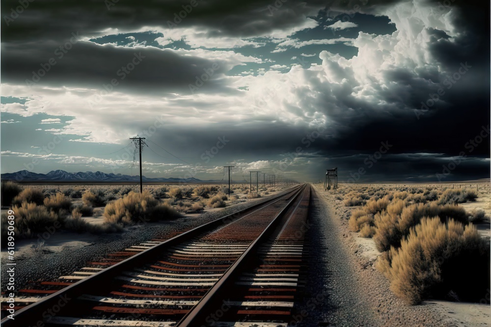 a train track in the middle of a desert with a sky full of clouds above it and a telephone pole in the foreground with a telephone pole in the foreground and a distant.
