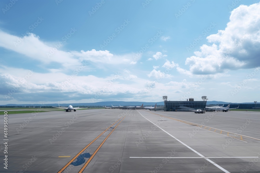 Fototapeta premium empty terminal, with view of planes taking off and landing on the tarmac, created with generative ai