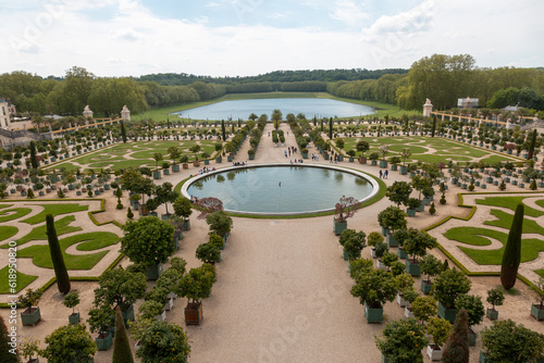 Paris, France - May 20, 2023: exterior, architecture and park outdoors of the Palace Versailles royal chateau UNESCO list of World Heritage Sites.