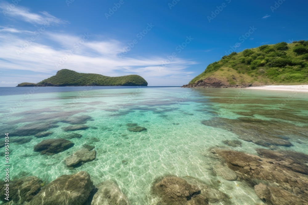 remote island beach with crystal-clear water and incredible view, created with generative ai