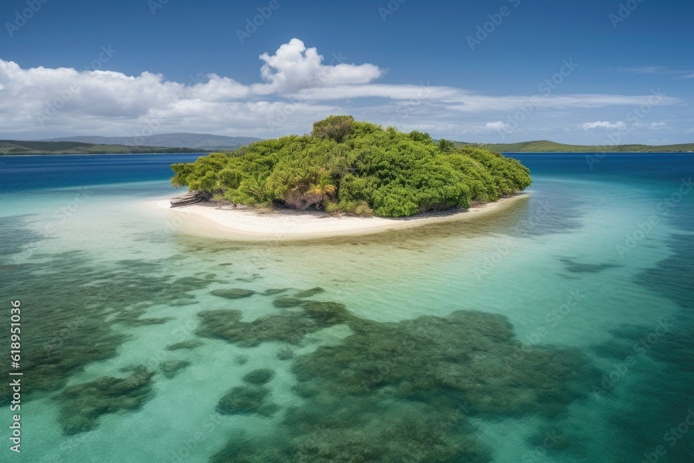 remote island with crystal-clear water and white sand beaches, created with generative ai