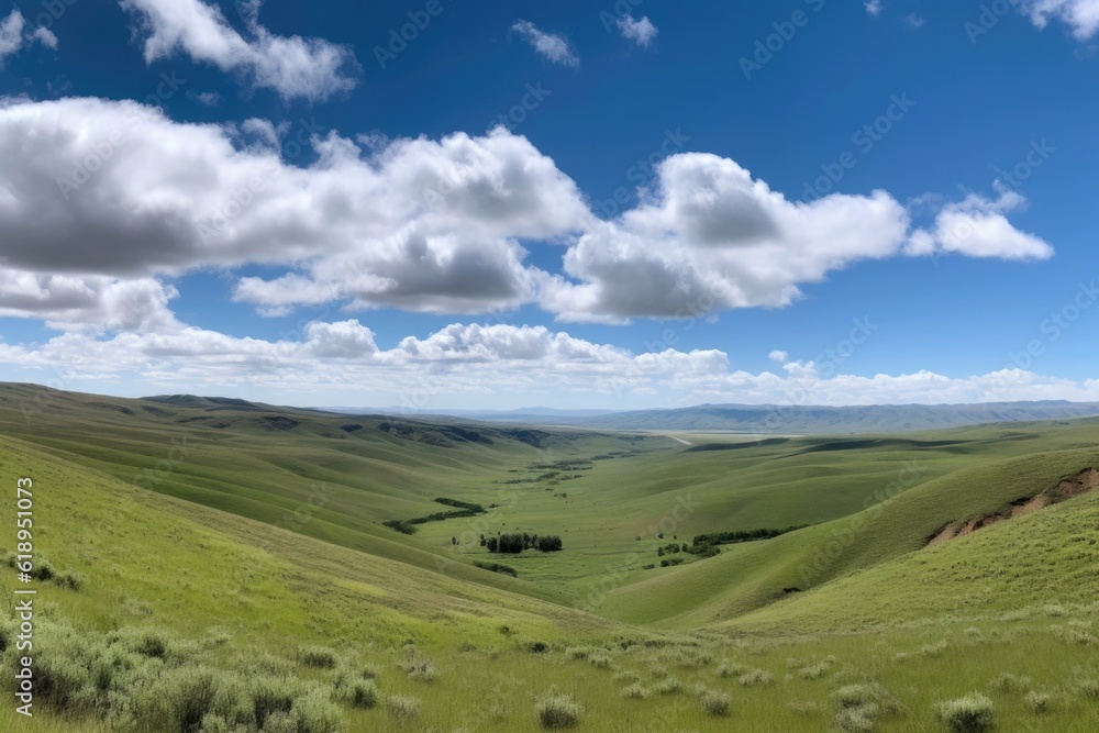 panoramic view of rolling hills with a blue sky, dotted with fluffy clouds, created with generative ai panoramic view of rolling hills with a blue sky, dotted with fluffy clouds, created with generative ai