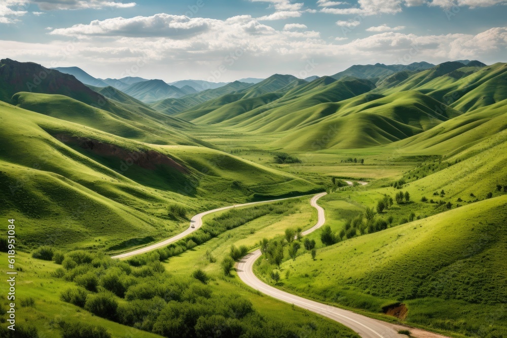 scenic road trip through rolling green hills and peaceful valley, created with generative ai