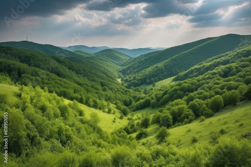 rolling hills with deep green forests in the background, created with generative ai