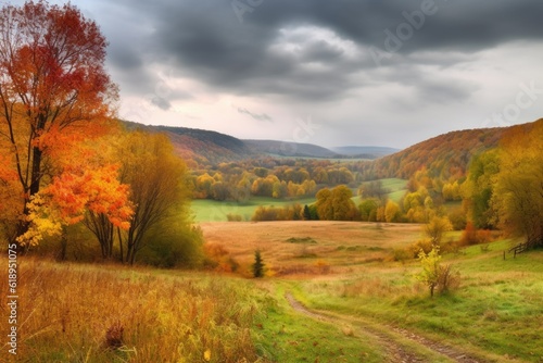autumn landscape with rolling hills, colorful foliage, and peaceful solitude, created with generative ai