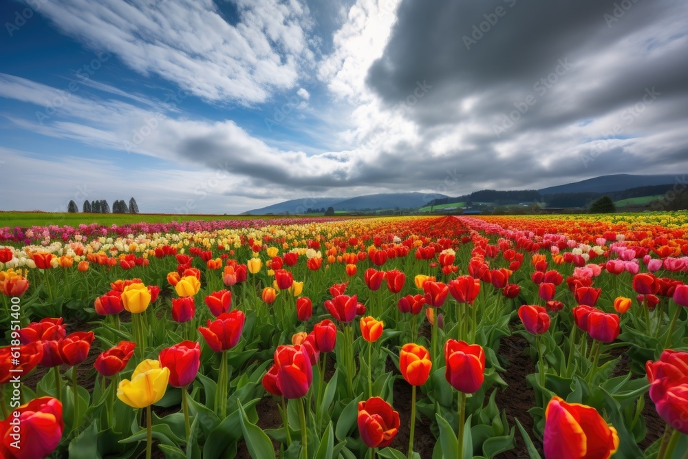 vibrant tulip fields with cloudy sky in the background, created with generative ai