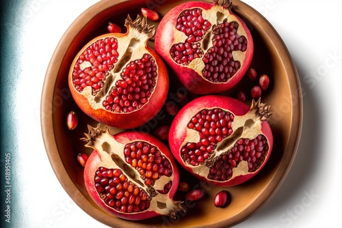 a bowl of pomegranates on a white background with a white tablecloth and a blue table cloth with a white table cloth and a white table cloth with a white table cloth.