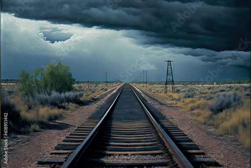 a train track in the middle of a desert under a dark sky with storm clouds above and a telephone pole in the distance on the other side of the track is a grassy area with.