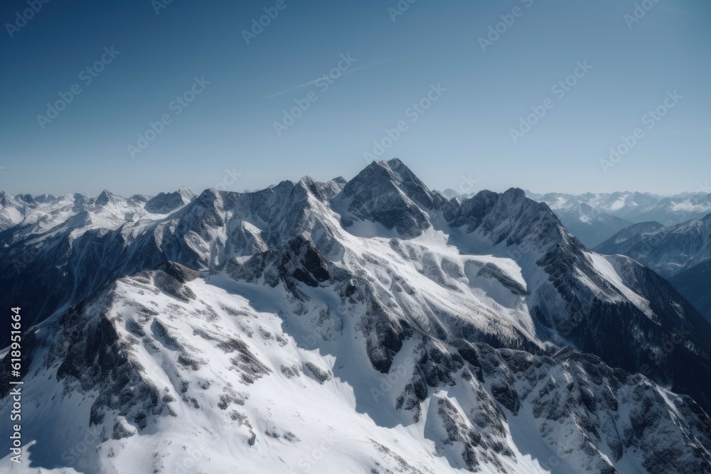 majestic mountain range, with snow-capped peaks and clear blue skies, created with generative ai