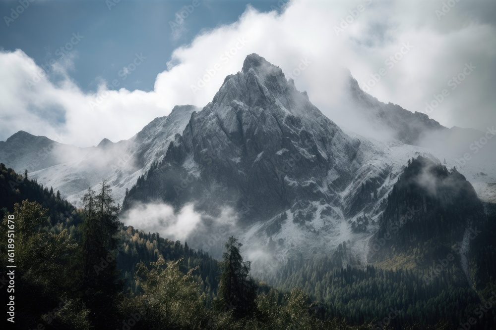 snow-covered peak towering above alpine valley, with clouds floating by, created with generative ai snow-covered peak towering above alpine valley, with clouds floating by, created with generative ai