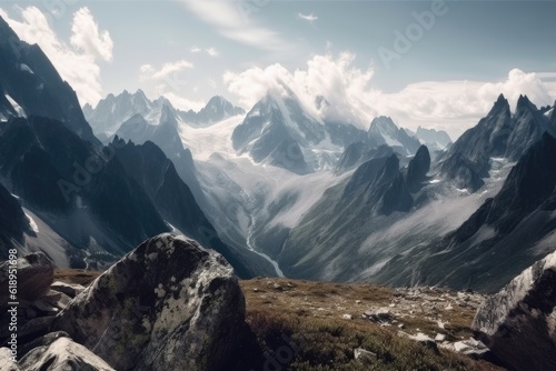 majestic mountain range with snowcapped peaks and glaciers visible, created with generative ai