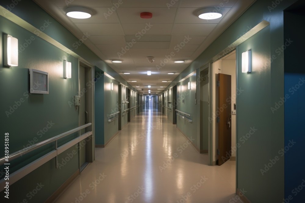 smart lighting solutions in hospital, illuminating hallways and rooms for visibility and safety, created with generative ai