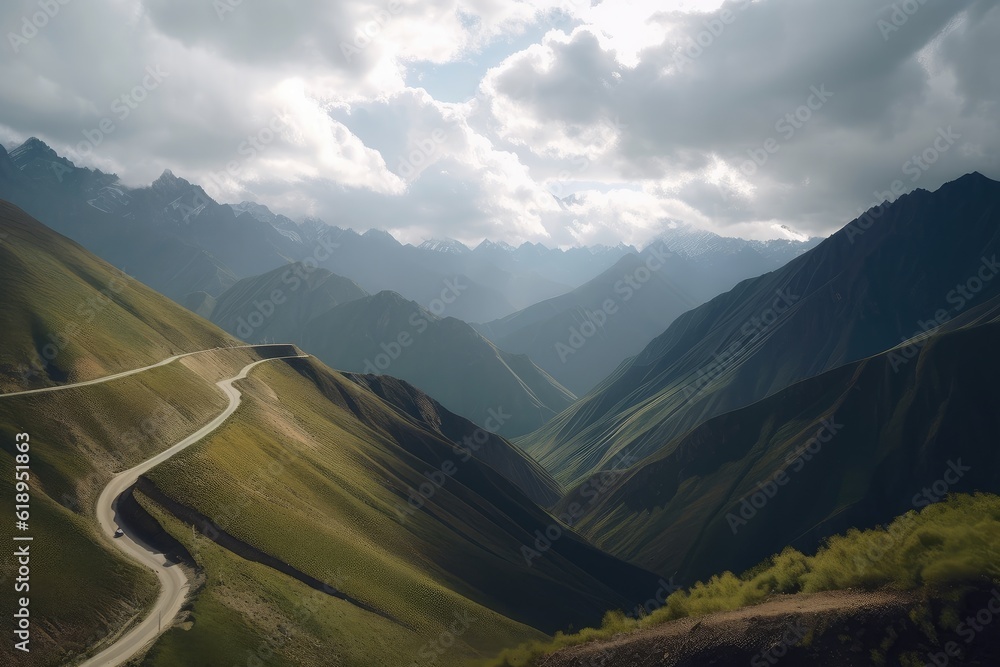 majestic mountain range, with winding road and fluffy clouds in the sky, created with generative ai