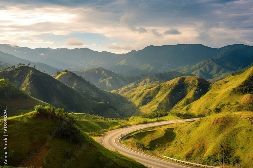 stunning mountain landscape, with rolling hills and towering peaks, from the road, created with generative ai stunning mountain landscape, with rolling hills and towering peaks, from the road, created with generative ai