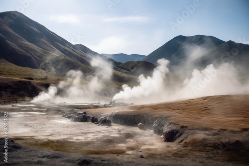 majestic mountain range, with steam rising from hot springs and geysers, created with generative ai