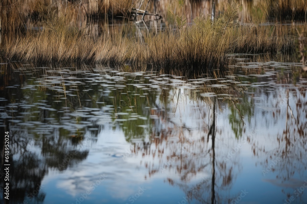 reflection of marshy landscape on still water surface, created with generative ai reflection of marshy landscape on still water surface, created with generative ai
