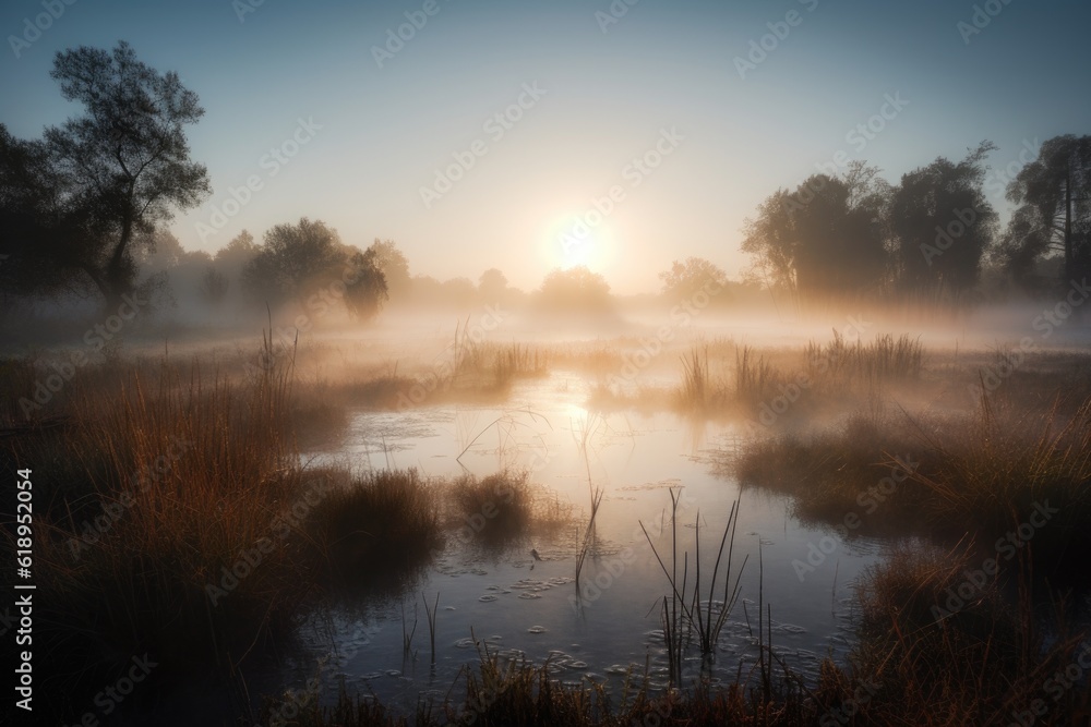 Obraz premium serene wetland at dawn with mist rising from the water, created with generative ai