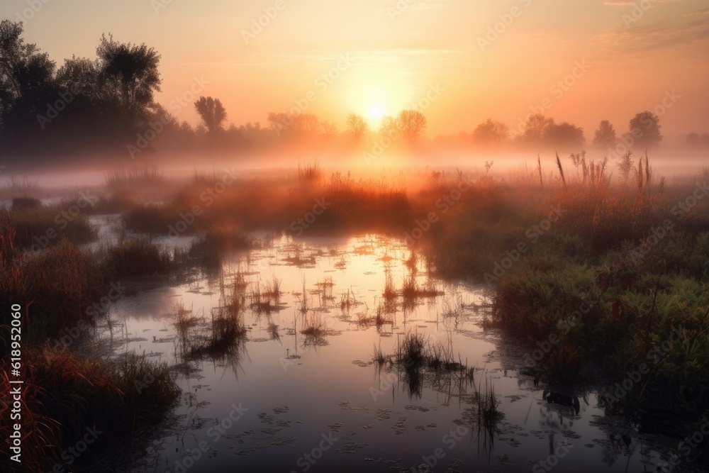 wetlands and marshes in the morning mist, with colorful sunrise, created with generative ai