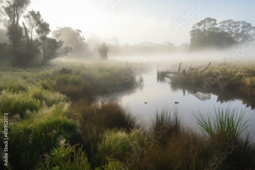low-lying wetlands, with mist and fog rising from the water, created with generative ai