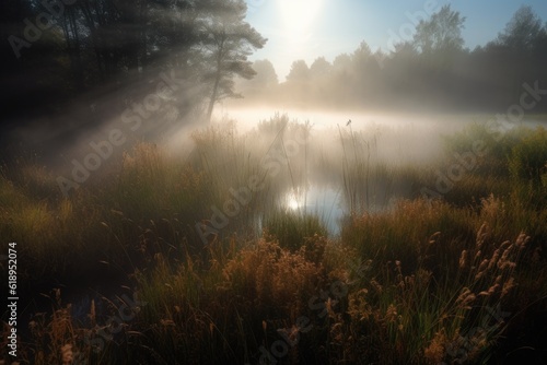 sunbeam shining through the fog onto wetland meadow, created with generative ai