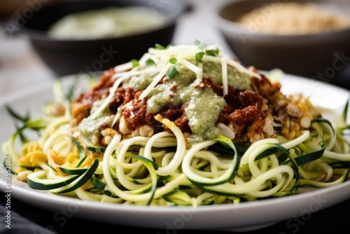 close-up of plate with zucchini noodles, sauce, and other toppings, created with generative ai