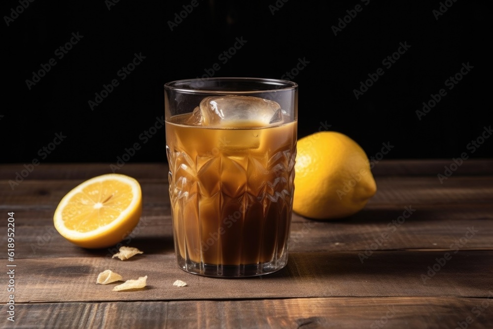 tumbler with iced coffee and slice of lemon on wooden background, created with generative ai tumbler with iced coffee and slice of lemon on wooden background, created with generative ai