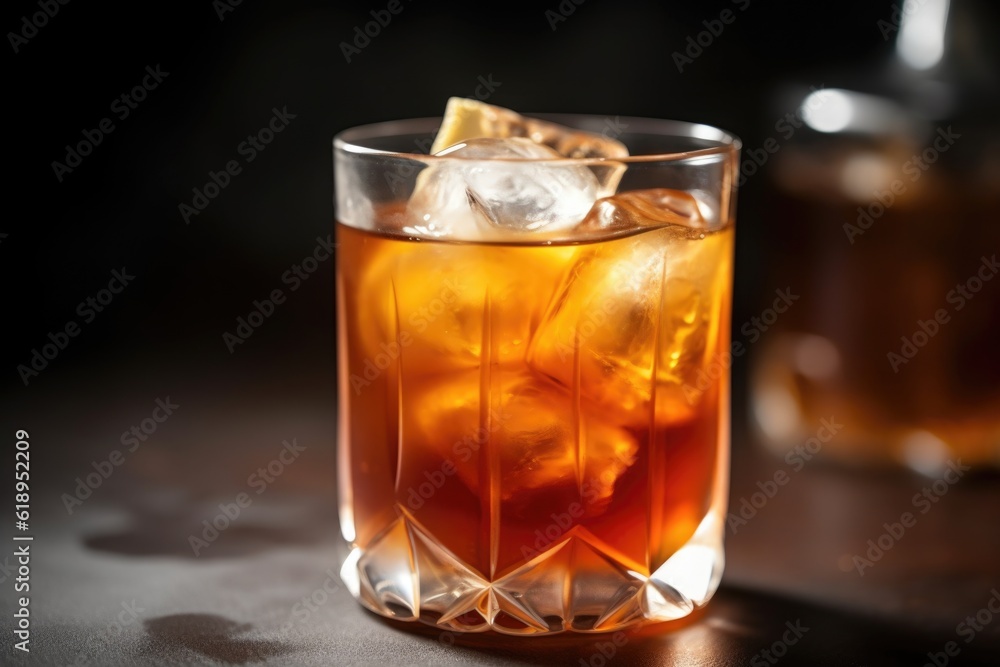 close-up of iced tea in a glass, with straw and ice cubes visible, created with generative ai