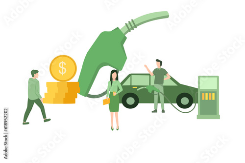 Cartoon Flat Vector Illustration Petrol Economy Concept. Car Refueling on Fuel Station. Man Pumping Gasoline Oil. Service Filling Gas or Biodiesel Into Tank. Automotive Industry or Transportation.