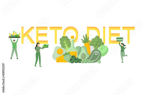 Cartoon Flat Vector Illustration. Ketogenic Diet Concept. Male and Female Characters with Balanced Low-carb Food Vegetables, Fish, Meat, Cheese and Nuts. Healthy Eating Poster Banner Flyer Brochure.