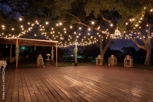 sparkling outdoor dance floor surrounded by twinkling fairy lights and lanterns, created with generative ai