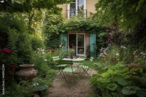beautiful garden with bistro table and chairs for an dinner, created with generative ai